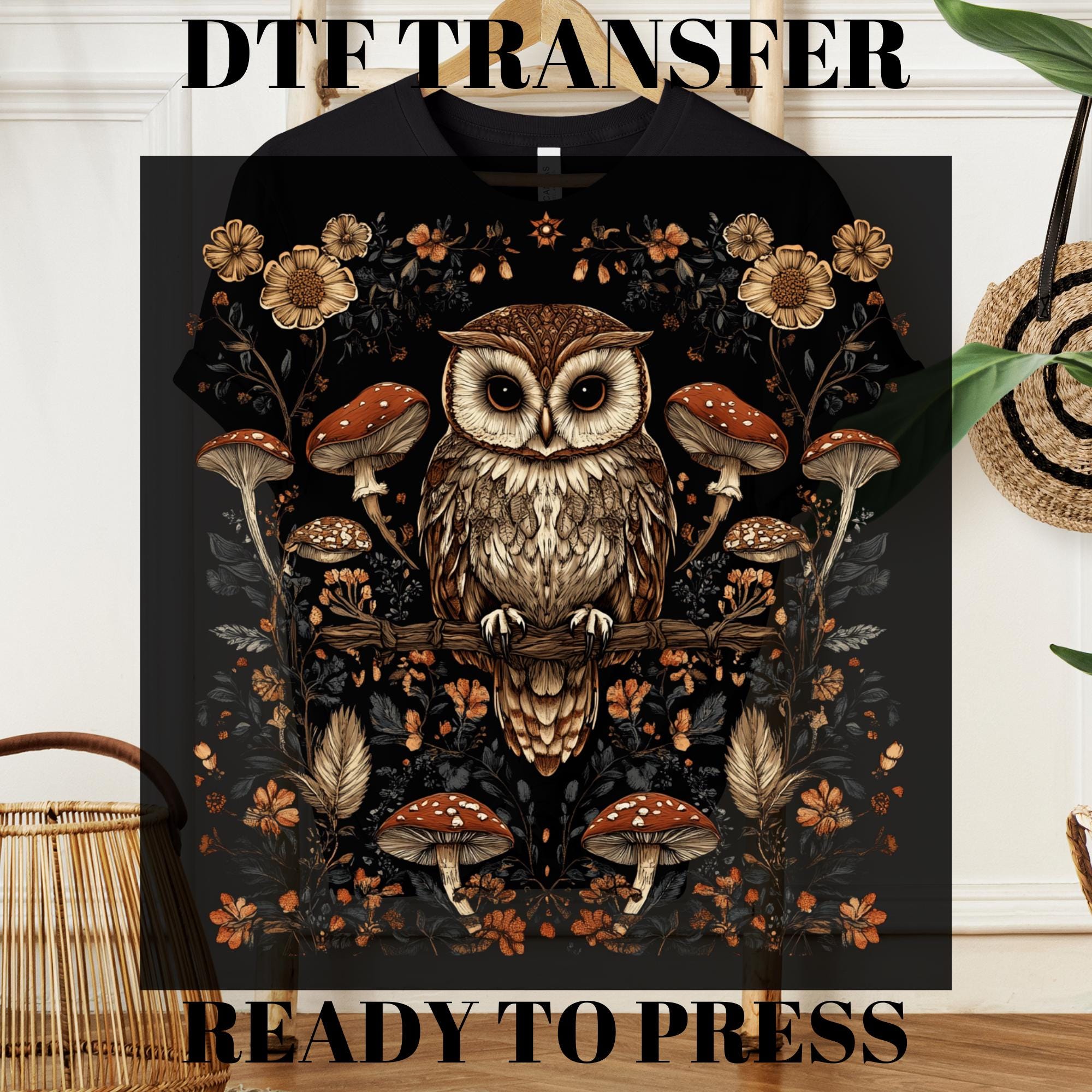 Boho Floral Owl DTF Transfer: Retro Mushroom Cottagecore Heat Transfer