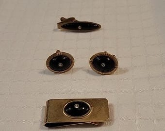 Vingtage Metal Gold Tone Money Clip, Cufflinks, Tie Clip Onyx Clear Stone