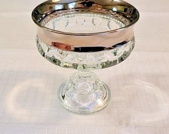 Kings Crown Platinum & Clear Thumbprint Candy Dish Pedestal Glass Bowl