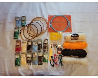 Vintage Needlework Lot Caron Rug Yarn Embroidery Hoops Sayelle Pom Pom Maker