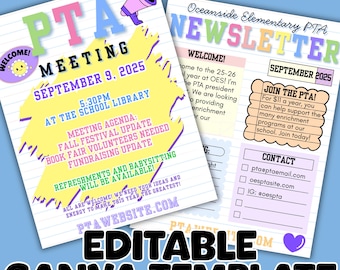 Bearbeitbarer PTA Flyer und Newsletter Template Bundle Canva Schultreffen Handout Monatliches Update Printable PTO Digitaler Sofort Download