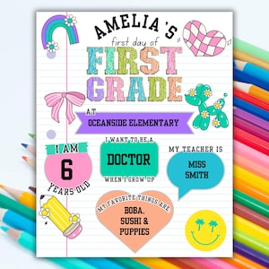 May include: A colorful first day of school sign for Amelia. The sign includes the text "Amelia's First Grade" and other details like "I am 6 years old", "I want to be a doctor", and "My favorite things are: Boba, Sushi & Puppies."