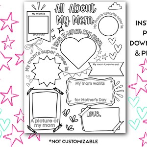 Może przedstawiać: Drukowana karta pracy z konturem w kształcie serca i kilkoma pustymi miejscami do wpisania informacji o mamie. Karta pracy zawiera tekst "All About My Mom" i "Uwielbiam, kiedy moja mama..."