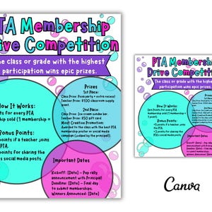 May include: A colorful PTA Membership Drive Competition poster with text and graphics. The poster includes information on how to earn points, bonus points, prizes, and important dates. The Canva logo is in the bottom right corner.
