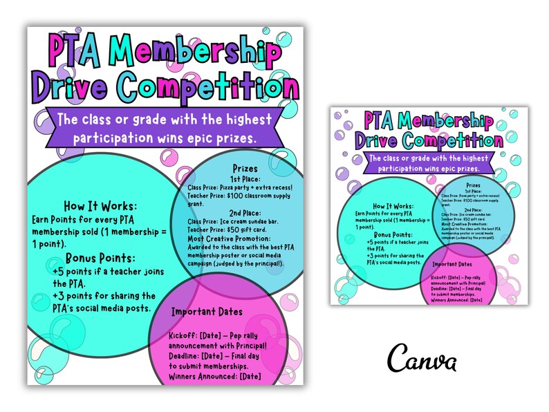 May include: A colorful PTA Membership Drive Competition poster with text and graphics. The poster includes information on how to earn points, bonus points, prizes, and important dates. The Canva logo is in the bottom right corner.