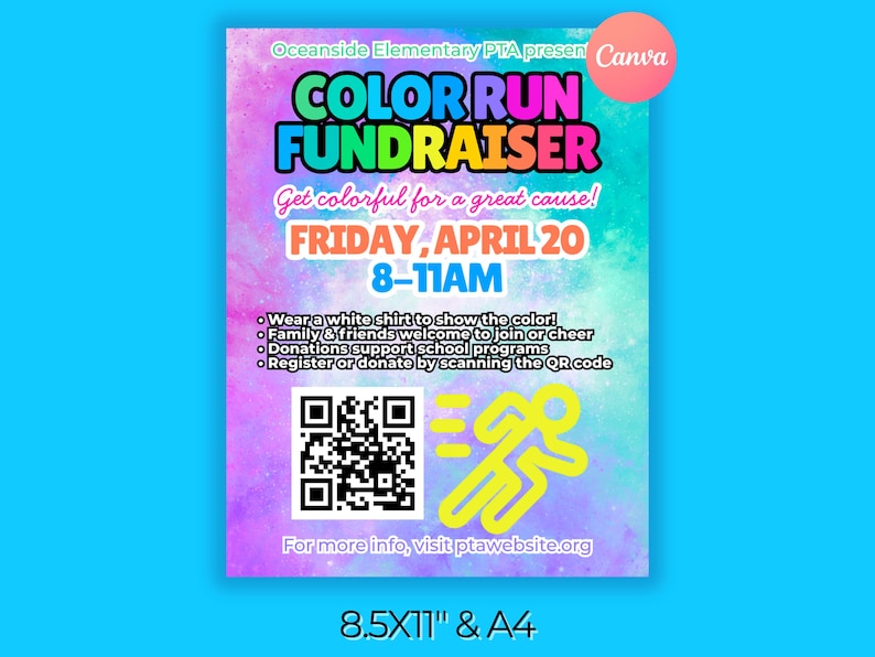Color Run Fundraiser Flyer Template Editable PTA PTO School Fun Run ...