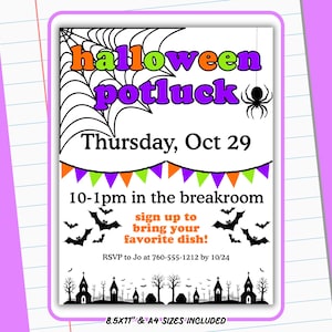 Bearbeitbare Halloween Potluck Flyer Canva Vorlage | Schule, PTA, PTO, Büro-Party Einladung für Staff Luncheon & Spooky Lunch Feiern