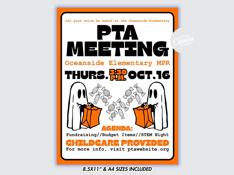 October PTA Meeting Flyer Editable Canva Template School Parent Meeting ...
