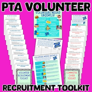 Puede incluir: Un conjunto de herramientas de reclutamiento de voluntarios y presidentes de comité de la PTA. La imagen presenta varios documentos con títulos como "Volunteers Needed Urgently!" y "Volunteer Recruitment Toolkit". La combinación de colores es principalmente rosa, blanco y negro.