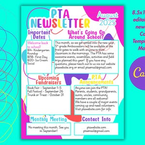 Puede incluir: Una plantilla de boletín informativo de la PTA colorida para agosto de 2025, con fechas importantes, próximas recaudaciones de fondos y anuncios. El diseño de 21,59 x 27,94 cm es totalmente editable en Canva e incluye una plantilla de 12 meses.