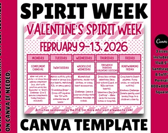 Paquete de folletos para la Semana del Espíritu de San Valentín: Plantilla editable de Canva para la Asociación de Padres y Maestros (PTA), Días de Disfraces Escolares, Póster Temático de Febrero, Descarga Digital Imprimible