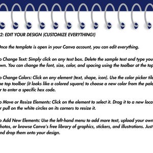 May include: A white spiral-bound notebook page with instructions on editing a design. The page has a blue header with the text "STEP 2: EDIT YOUR DESIGN (CUSTOMIZE EVERYTHING!)" and bullet points explaining how to change text, colors, and elements.