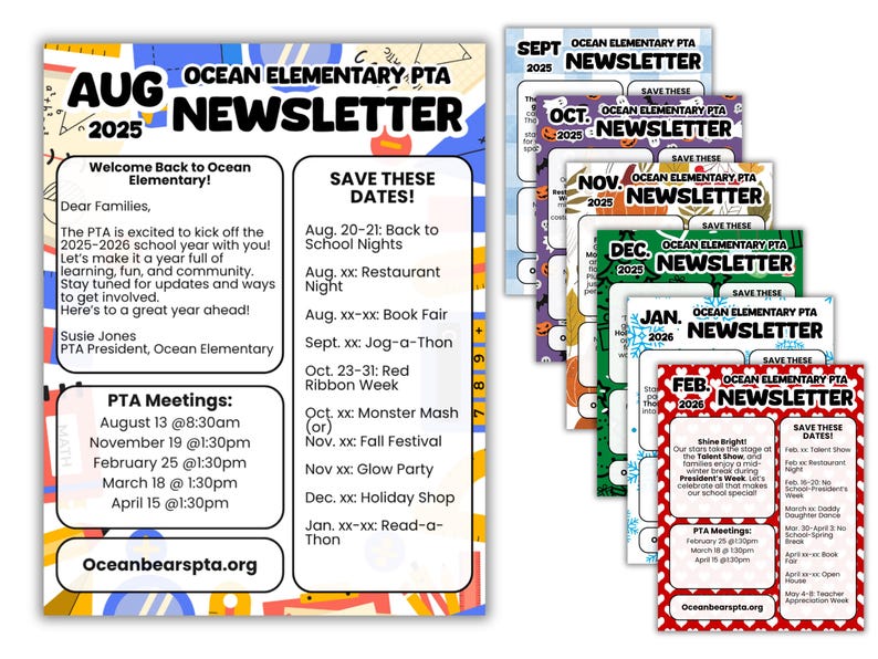 PTA Newsletter Template Bundle Editable Monthly School Newsletter Canva ...