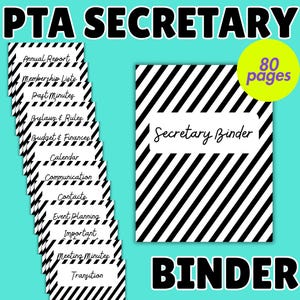 Könnte beinhalten: Ein schwarz-weiß gestreifter Sekretärsordner mit 80 Seiten. Der Ordner trägt die Aufschrift "Secretary Binder" auf der Vorderseite. Es gibt auch mehrere schwarz-weiß gestreifte Einsätze mit Titeln wie "Annual Report" und "Meeting Minutes". Die Wörter "PTA SECRETARY" und "BINDER" sind ebenfalls sichtbar.