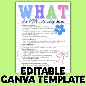 What the PTA Actually Does Flyer | Canva Template + Done-For-You DFY PTO Handout for Open House Parent Night Back to School Digital Download