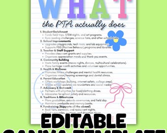 May include: A colorful infographic titled "WHAT the PTA actually does" on a lined paper background. The text lists PTA activities, including student enrichment, school improvements, teacher support, community building, health and wellness, parent education, advocacy, traditions, and fundraising. The words "EDITABLE CANVA TEMPLATE" are at the bottom.