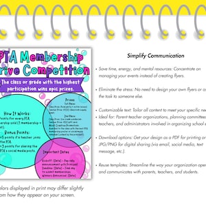 May include: A flyer for a PTA Membership Drive Competition, featuring a colorful design with teal, purple, and pink accents. The flyer includes details on how to earn points, bonus points, and important dates for the competition.