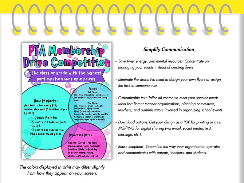 May include: A flyer for a PTA Membership Drive Competition, featuring a colorful design with teal, purple, and pink accents. The flyer includes details on how to earn points, bonus points, and important dates for the competition.