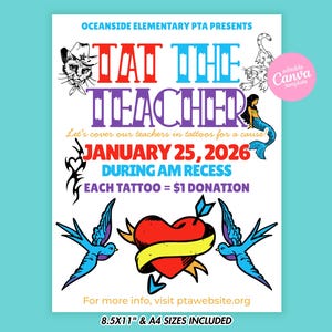 May include: A poster with the text "TAT THE TEACHER" in red, blue, and purple. The poster includes illustrations of a cat, a mermaid, and a heart with an arrow. The event is January 25, 2026, during AM recess.