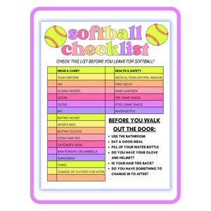 May include: A softball checklist with a pink and purple border. The checklist includes items to wear and carry, and health and safety items. The text "softball checklist" is in colorful bubble letters, with two yellow softballs.