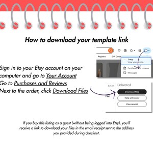 May include: A white notepad with a red spiral binding at the top. The page shows instructions on how to download a template link from Etsy, including screenshots and numbered steps. The text includes "Your Account" and "Download Files".