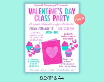 Valentines Day Class Party Flyer Template Editable Canva School Party Flyer PTA PTO Classroom Event Invitation Digital Download