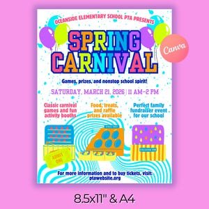 Modelo de Flyer para Festa Junina da Primavera | Feira Divertida da Associação de Pais e Mestres da Escola (Editável no Canvas, Download Digital)