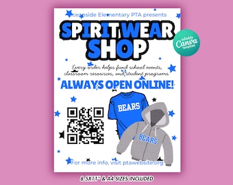 Spirit Wear Fundraiser Flyer Vorlage Bearbeitbar Canva Schule Merch Online Shop QR-Code Poster PTO PTA Bekleidung Verkaufsförderung Digitaler Download