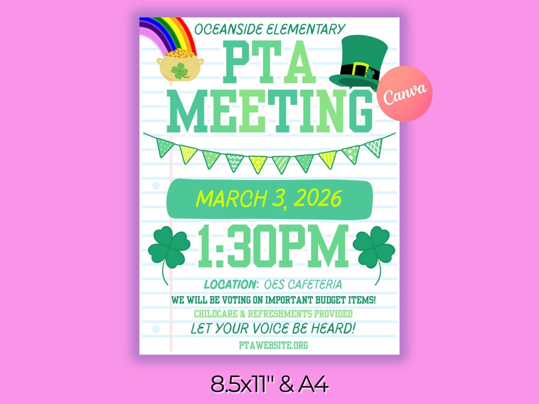 March PTA Meeting Flyer Template St Patricks Day School Parent ...