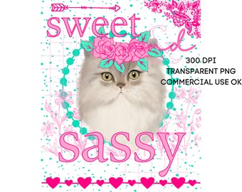 Cute Persian Cat Sweet and Sassy PNG Southern Prep Simply Adorable Animal Flower Crown Instant Digital Download Sublimation Print on Demand