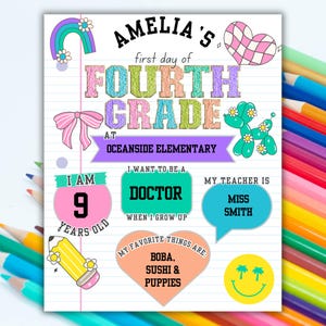 Puede incluir: Un letrero colorido y personalizado para el primer día de clases de cuarto grado de un estudiante. El letrero incluye el nombre "Amelia's", el grado escolar, el nombre de la escuela, la edad, las aspiraciones futuras, las cosas favoritas y el nombre del maestro. Elementos decorativos: arcoíris, corazón y perro globo.
