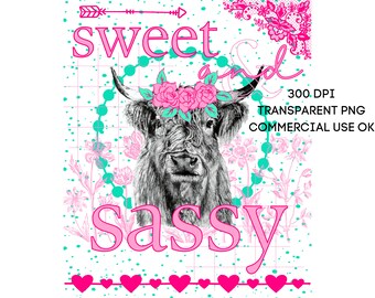Cute Highland Cow Sweet and Sassy PNG Southern Prep Simply Adorable Animal Flower Crown Instant Digital Download Sublimation Print on Demand