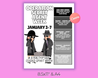 Underground Spirit Week Flyer Template Editable Secret Agent School Dress Up Week PTA PTO Staff Teachers Theme Days Canva Digital Download