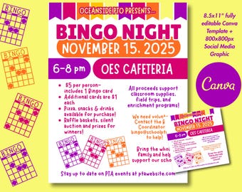 Bingo Night Canva Flyer Template Editable School Fundraiser Social Media Graphic PTA PTO Family Engagement Event Poster Digital Download