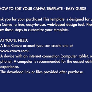 May include: A navy blue graphic with white text that reads "HOW TO EDIT YOUR CANVA TEMPLATE - EASY GUIDE." The text explains how to use Canva, a free design tool, and lists the requirements: a Canva account, a device with internet, and the download link.