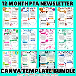 Puede incluir: Un paquete de plantillas de Canva con 12 boletines mensuales de la PTA. Cada boletín está codificado por colores e incluye secciones para 'Novedades', recordatorios y fechas importantes. El diseño incorpora gráficos de temporada y es totalmente editable.