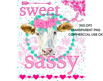 Cute White Cow Sweet and Sassy PNG Southern Prep Simply Adorable Animal Flower Crown Instant Digital Download Sublimation Print on Demand