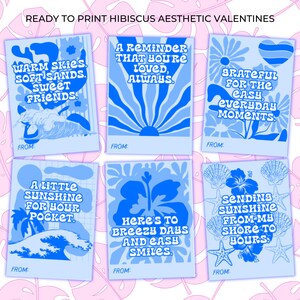 May include: A collection of six blue and white aesthetic Valentine's Day cards with various designs and phrases. The cards feature illustrations of waves, flowers, and text such as "Warm Skies, Soft Sands, Sweet Friends!" and "A Reminder That You're Loved, Always."