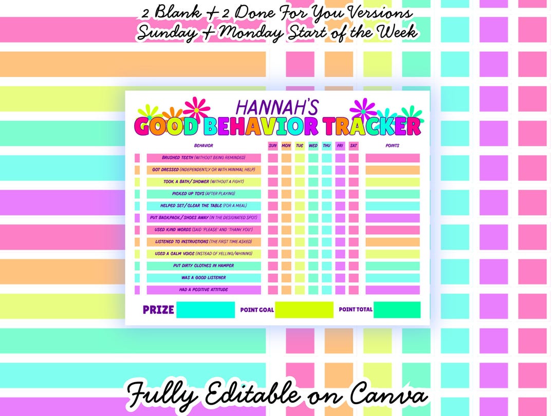 Printable Behavior Chart for Kids Editable Canva Template Reward Chore ...