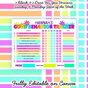 Puede incluir: Un rastreador de comportamiento colorido con el texto "HANNAH'S GOOD BEHAVIOR TRACKER". El rastreador incluye secciones para el comportamiento, los días de la semana y los puntos. El fondo presenta colores pastel y el texto "Fully Editable on Canva".