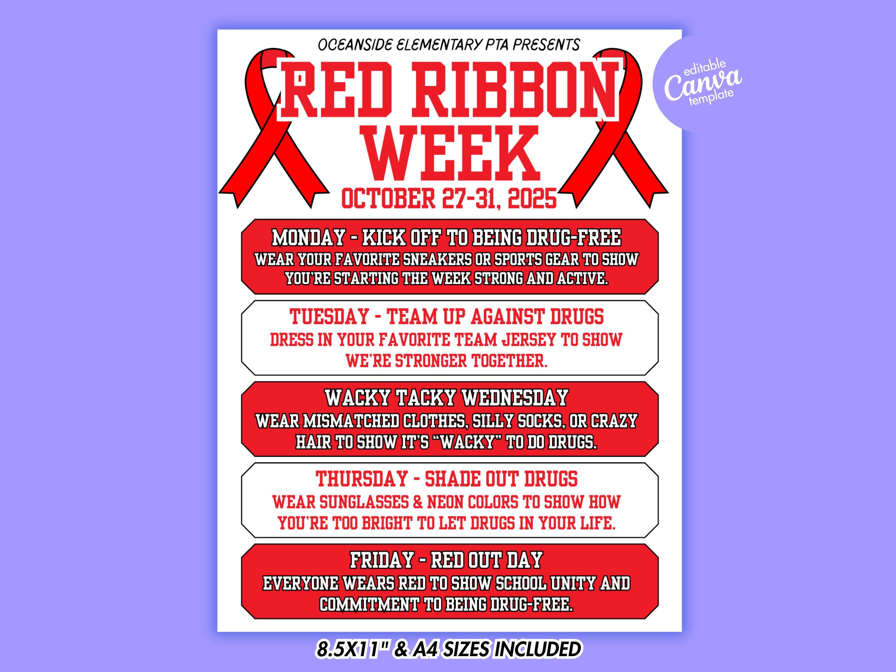Red Ribbon Week Spirit Days Flyer Editable Canva Template School Dress up Theme Week Poster PTA PTO Drug Free Awareness Printable Download - Etsy Red Ribbon Week Spirit Days Flyer Editable Canva Template School Dress up Theme Week Poster PTA PTO Drug Free Awareness Printable Download - Etsy