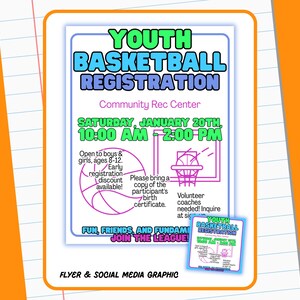 Puede incluir: Un folleto para la inscripción de baloncesto juvenil, con un gráfico de baloncesto y texto. El folleto anuncia la inscripción para niños y niñas de 8 a 12 años en el Community Rec Center el sábado 20 de enero, de 10:00 a 14:00 horas.