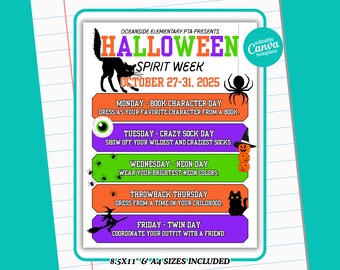 Editable Halloween Spirit Week Flyer Canva Template | School, PTA, PTO ...