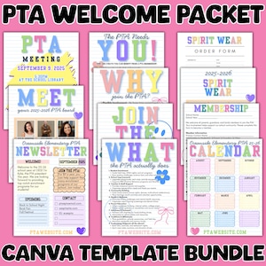 May include: A pink Canva template bundle for a PTA welcome packet. The packet includes a meeting announcement, a newsletter, a membership form, a spirit wear order form, and a calendar. The text includes "PTA Meeting", "Welcome", and "Join the PTA!"