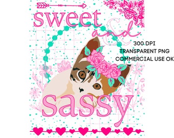 Cute Calico Cat Sweet and Sassy PNG Southern Prep Simply Adorable Animal Flower Crown Instant Digital Download Sublimation Print on Demand