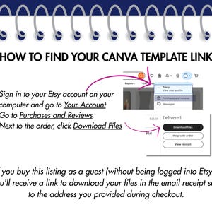 May include: A page from a notebook with instructions on how to find a Canva template link on Etsy. The text includes steps to access the download files. A screenshot shows the Etsy account interface.