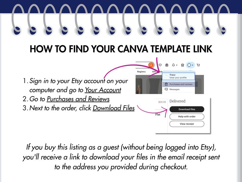 May include: A page from a notebook with instructions on how to find a Canva template link on Etsy. The text includes steps to access the download files. A screenshot shows the Etsy account interface.