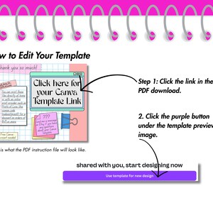 May include: A digital template guide with instructions on how to edit a Canva template. The image shows a pink and white notebook with text that says "How to Edit Your Template". It includes steps to click a link and a purple button.