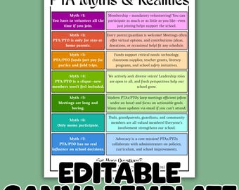 May include: A printable Canva template titled "PTA Myths & Realities" with text in black and colorful rectangular boxes. The text addresses common misconceptions about PTA/PTO involvement, such as volunteering requirements and meeting length. The template is editable.