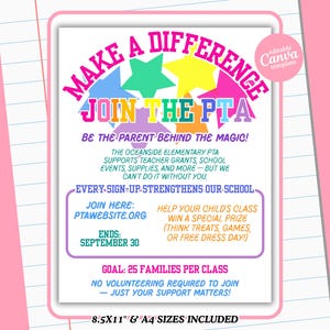 May include: A pink and white flyer with the text "MAKE A DIFFERENCE JOIN THE PTA" in bright colors. The flyer promotes the Oceanside Elementary PTA and includes details about joining and supporting the school.